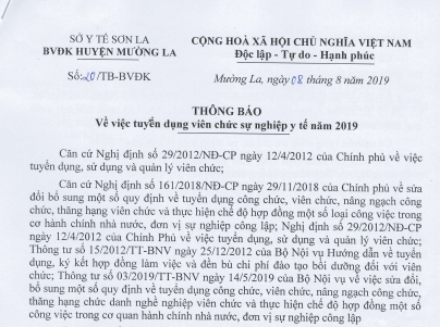 Thông báo tuyển dụng viên chức sự nghiệp Y tế năm 2019