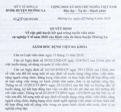 Quyết định phê duyệt kết quả trúng tuyển viên chức sự nghiệp Y tế năm 2020 của Bệnh viện đa khoa huyện Mường La