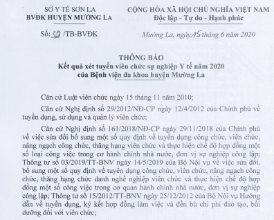 Thông báo kết quả xét tuyển viên chức sự nghiệp Y tế năm 2020 của Bệnh viện đa khoa huyện Mường La