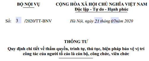 Thông từ số 03/2020/TT-BNV ngày 21/7/2020 của Bộ Nội vụ