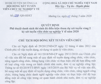 Quyết định phê duyệt danh sách thí sinh đủ điều kiện tham dự xét tuyển vòng 2 kỳ xét tuyển viên chức sự nghiệp Y tế năm 2020