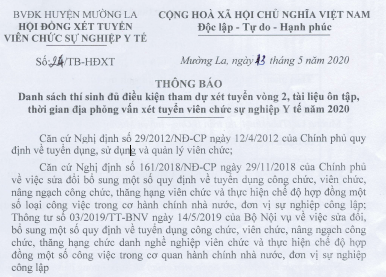 Thông báo danh sách thí sinh đủ điều kiện tham dự xét tuyển vòng 2, tài liệu ôn tập, thời gian địa điểm phỏng vấn xét tuyển viên chức sự nghiệp Y tế năm 2020