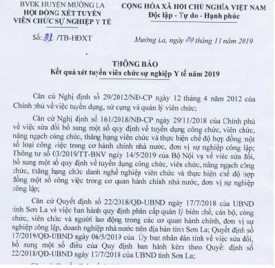 Thông báo kết quả xét tuyển viên chức sự nghiệp Y tế năm 2019