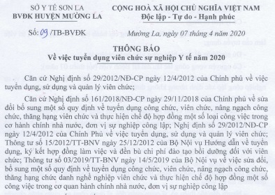 Thông báo tuyển dụng viên chức sự nghiệp Y tế năm 2020